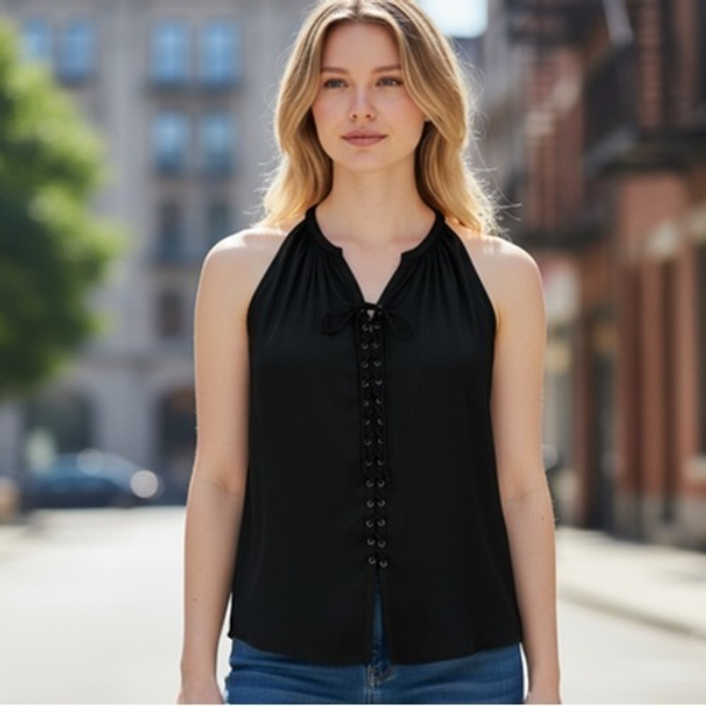 Ramy Brook Blouse Womens M Black Halter‎ Front Lace-Up Bow Sleeveless Chiffon